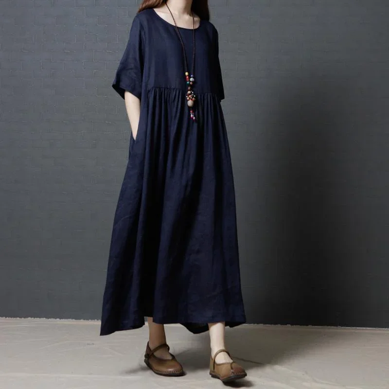 Navy Casual Linen Dresses Plus Size High Waist Sundress Short Sleeve Maxi Dress