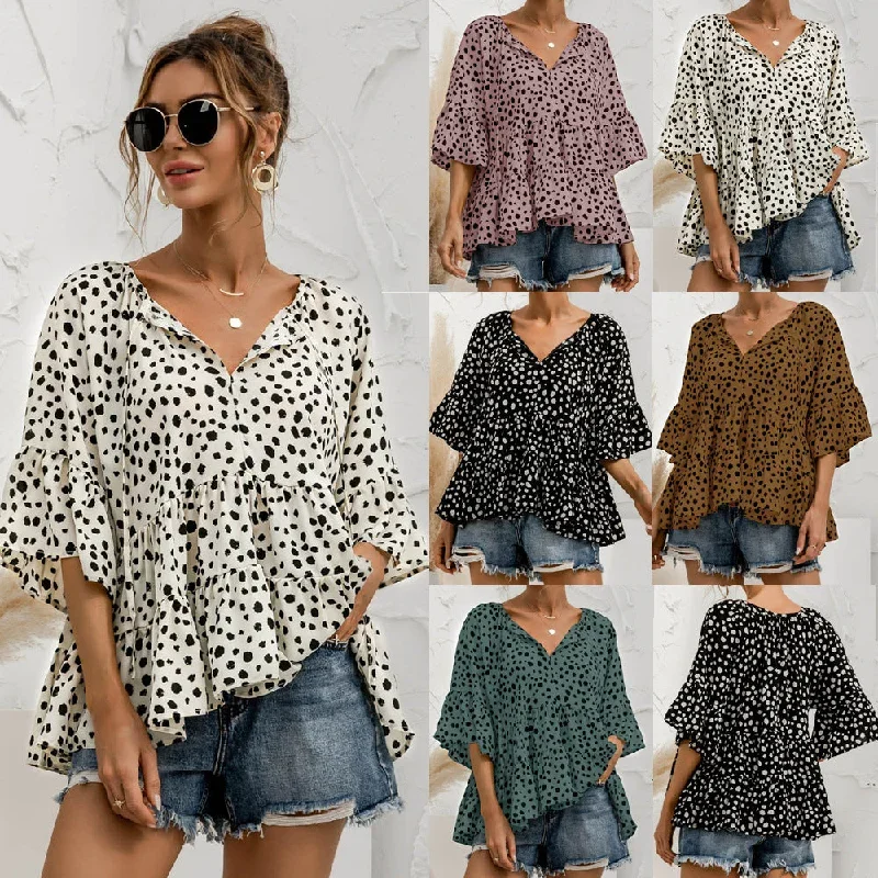 2022-juliafashion-summer-women-t-shirts-dot-color-print-lace-up-loose-chiffon-blouse-female-elegant-fashion-sexy-v-neck-ruffles-short-sleeve-c2488