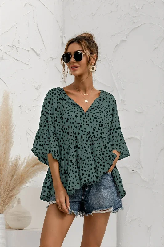 2022-juliafashion-summer-women-t-shirts-dot-color-print-lace-up-loose-chiffon-blouse-female-elegant-fashion-sexy-v-neck-ruffles-short-sleeve-c2488