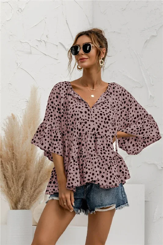 2022-juliafashion-summer-women-t-shirts-dot-color-print-lace-up-loose-chiffon-blouse-female-elegant-fashion-sexy-v-neck-ruffles-short-sleeve-c2488