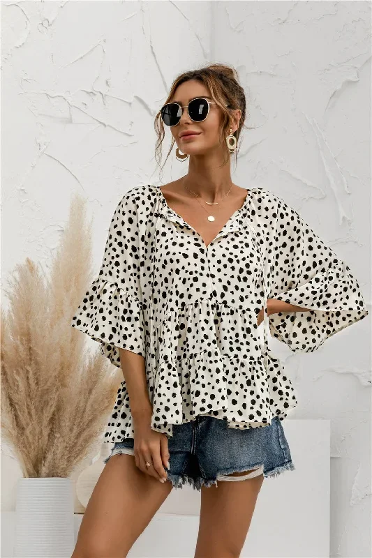 2022-juliafashion-summer-women-t-shirts-dot-color-print-lace-up-loose-chiffon-blouse-female-elegant-fashion-sexy-v-neck-ruffles-short-sleeve-c2488