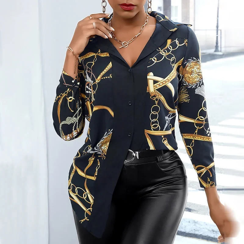 2022-juliafashion-women-fashion-shirt-lady-long-sleeve-blouse-turn-down-collarbutton-design-chain-print-casual-shirts