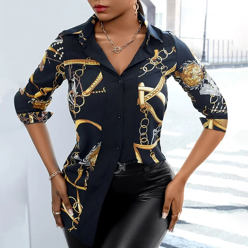 2022-juliafashion-women-fashion-shirt-lady-long-sleeve-blouse-turn-down-collarbutton-design-chain-print-casual-shirts