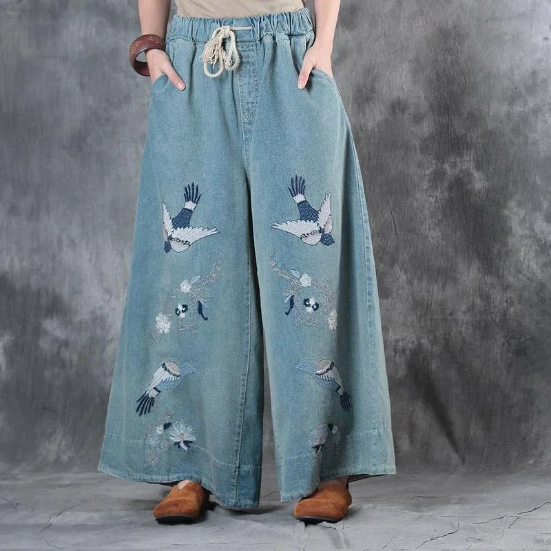 autumn light blue vintage casual trousers oversize embroidery elastic waist wide leg pants