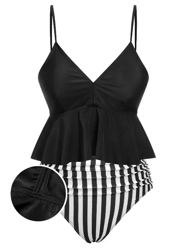 Black 1950s Striped Printed Separate Swimsuit