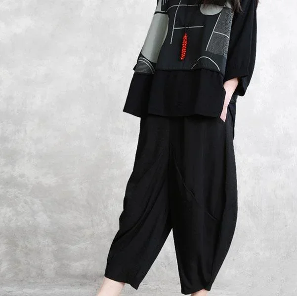 black-elastic-waist-harem-pants-fashion-pockets-long-pants