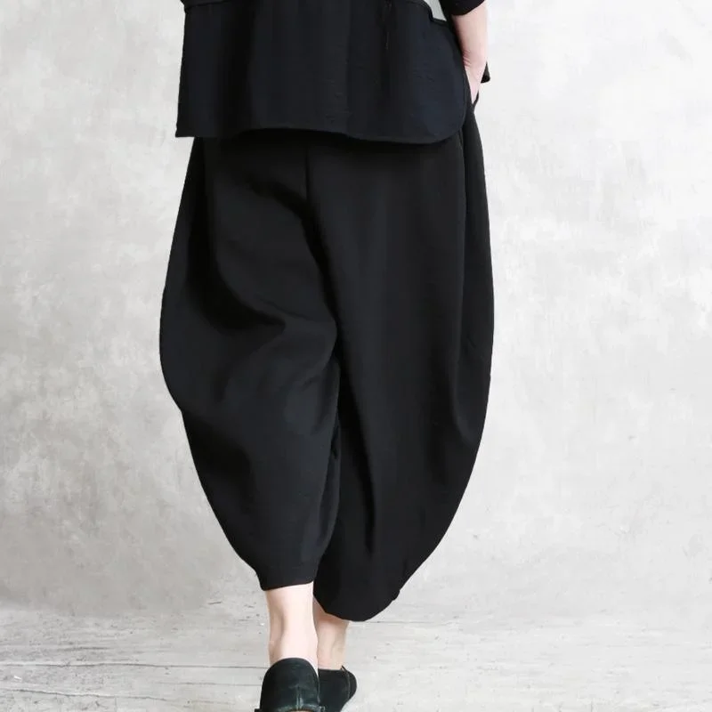 black-elastic-waist-harem-pants-fashion-pockets-long-pants