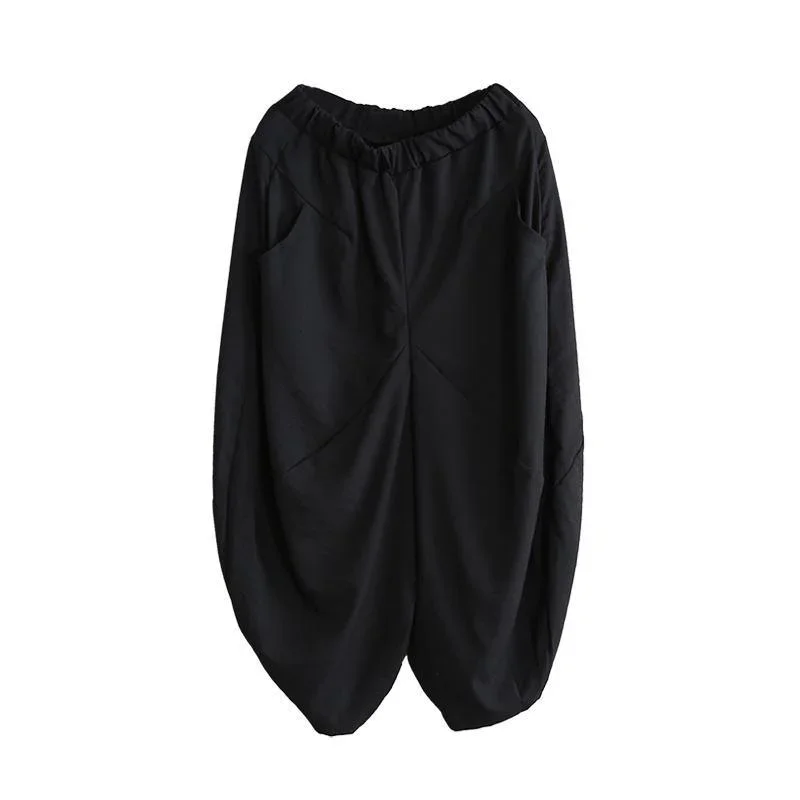 black-elastic-waist-harem-pants-fashion-pockets-long-pants