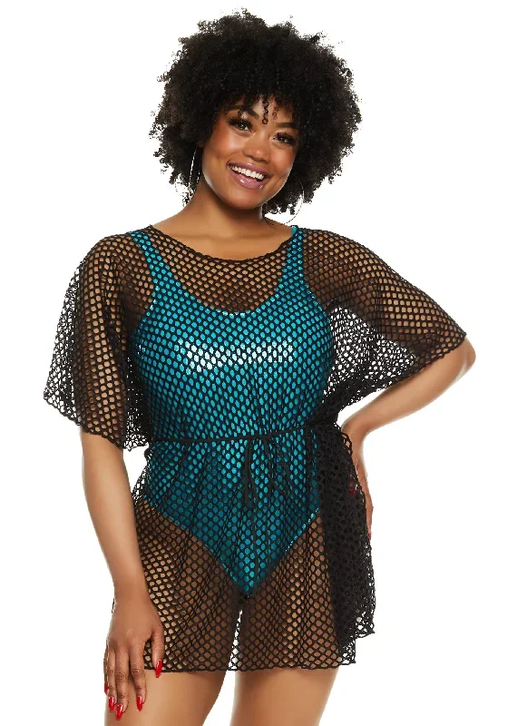 Fishnet Tie Waist Belted Cover Up Top