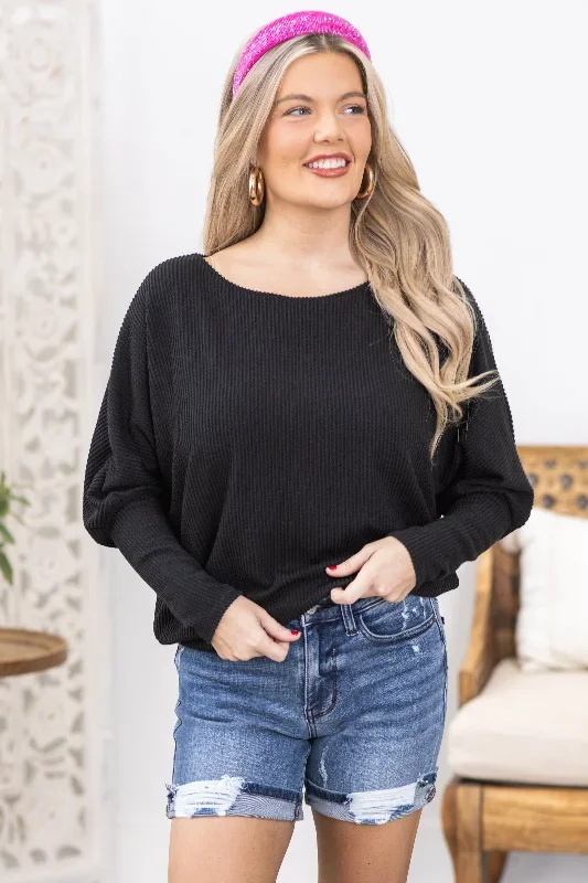 Black Ribbed Dolman Sleeve Knit Top