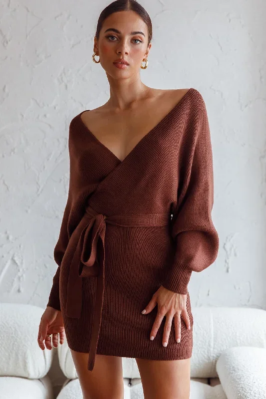 Cameo Long Batwing Sleeve Knit Mini Dress Chocolate