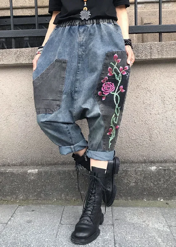 Casual Blue Embroidered Elastic Waist Denim Pants Summer