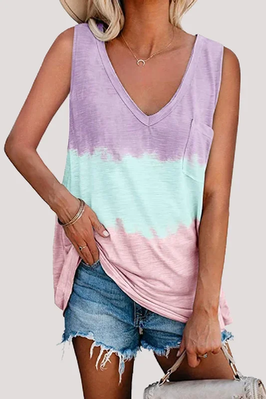 casual-patchwork-tie-dye-pocket-v-neck-t-shirts