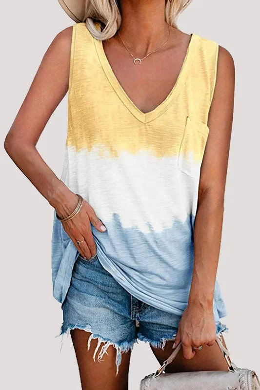 casual-patchwork-tie-dye-pocket-v-neck-t-shirts