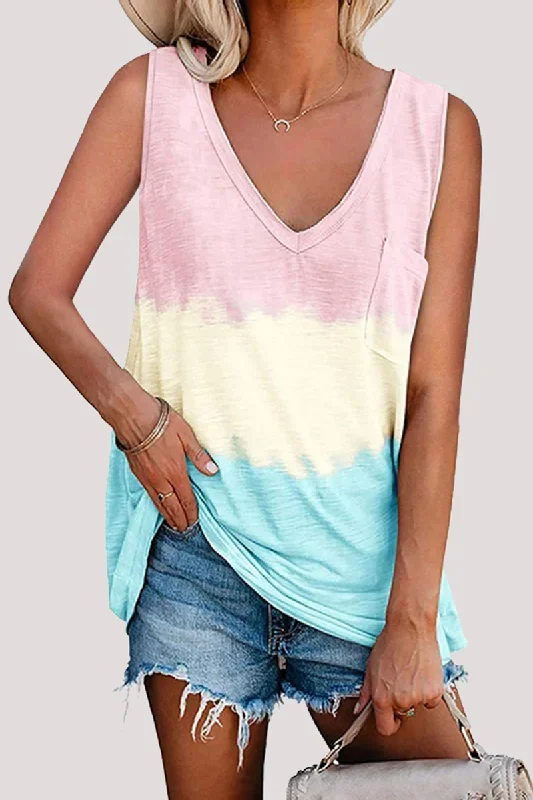 casual-patchwork-tie-dye-pocket-v-neck-t-shirts