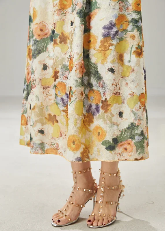 classy-apricot-elastic-waist-print-linen-skirts-summer