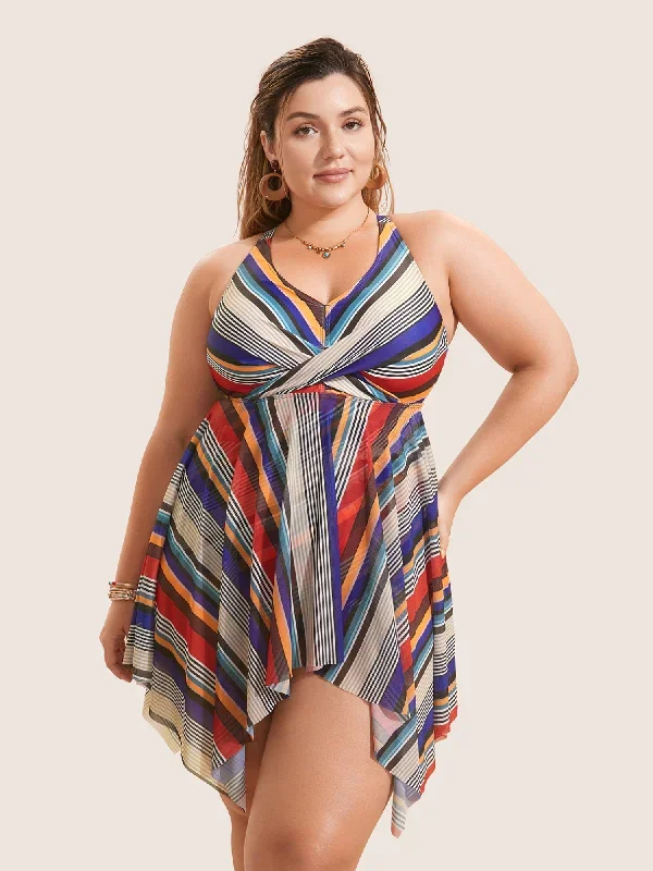 Color Stripes Twist Hanky Hem Swim Dress