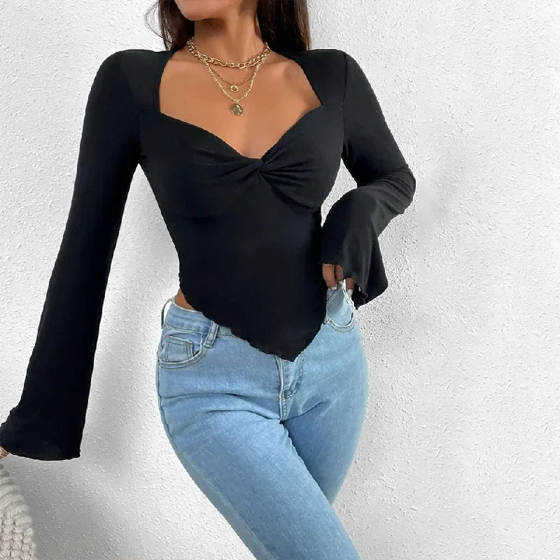 Sleeves Tucked Waist Irregular Knitted V-neck Holiday Women's Long Sleeve Polyester Y2k Top T-shirt