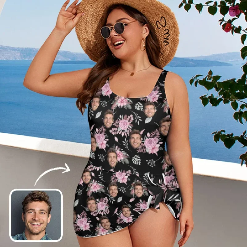 Custom Face Floral Pattern Women's One Piece Skirted Swimsuit - Black