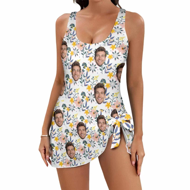 custom-face-little-yellow-flower-pattern-womens-one-piece-skirted-swimsuit