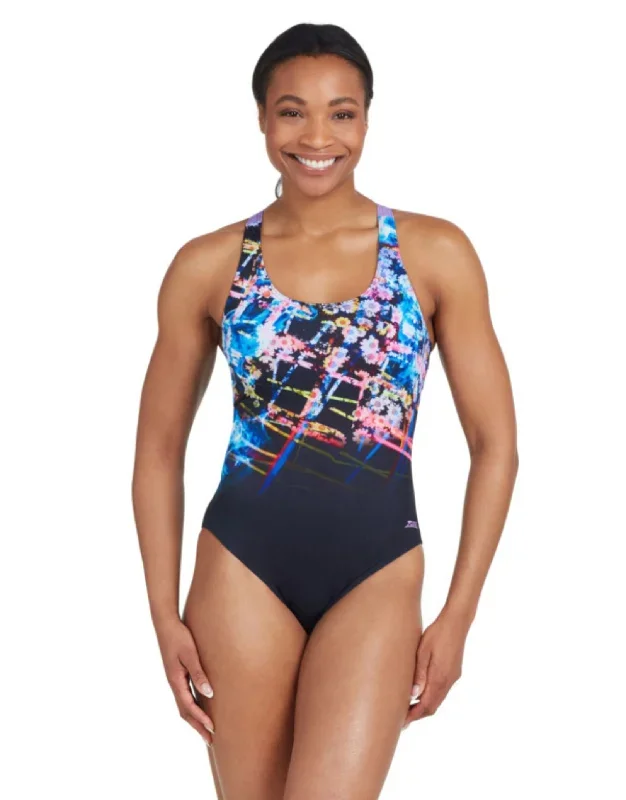 Digital Daisy Actionback Swimsuit - Black/Purple