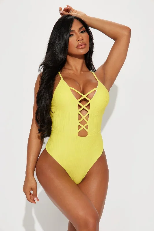 Drinks At The Cabana Ribbed 1 Piece Swimsuit - Yellow