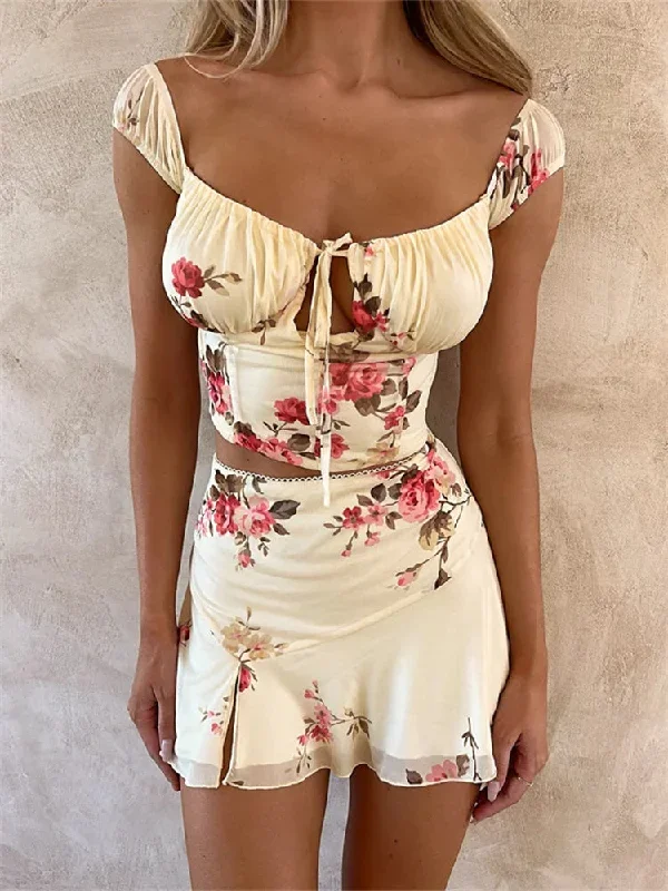 elegant-floral-short-sleeve-tie-up-corsets-crop-tops-mini-skirts-suits