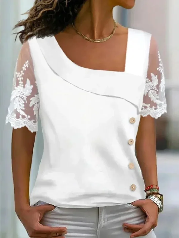 JuliaFashion-Elegant Lace Asymmetrical Neck Blouses