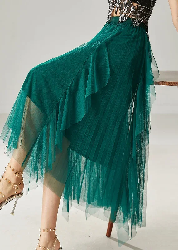 Elegant Peacock Green Ruffled Tulle Holiday Skirts Summer