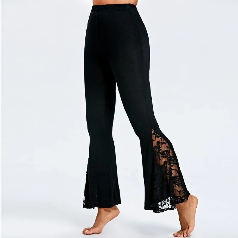 Fashion Womens Lace Hollow Stitching Pants Sexy High Waist Leggings Trousers Casual Streetwear Large Size Wide Leg Flare Pants