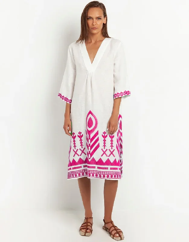 Feathers V Neck Midi Kaftan - White and Magenta