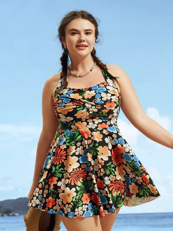 Floral Heart Neckline Twist Front Swim Dress