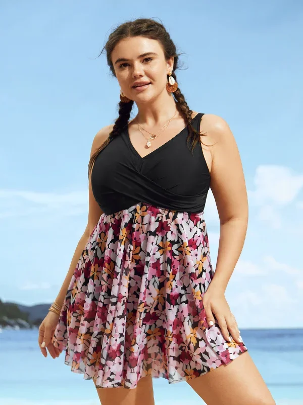 Floral Patchwork Mesh Crossover Swim Dress