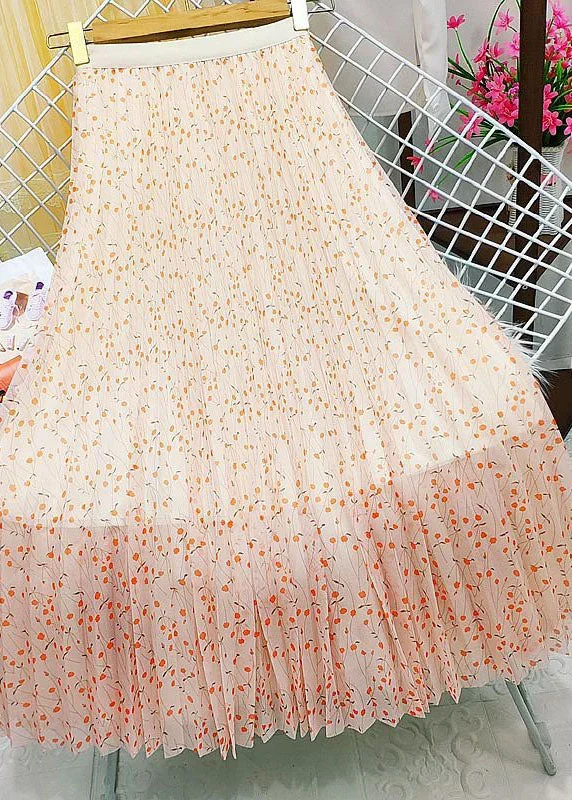 french-orange-elastic-waist-print-tulle-pleated-skirt-summer