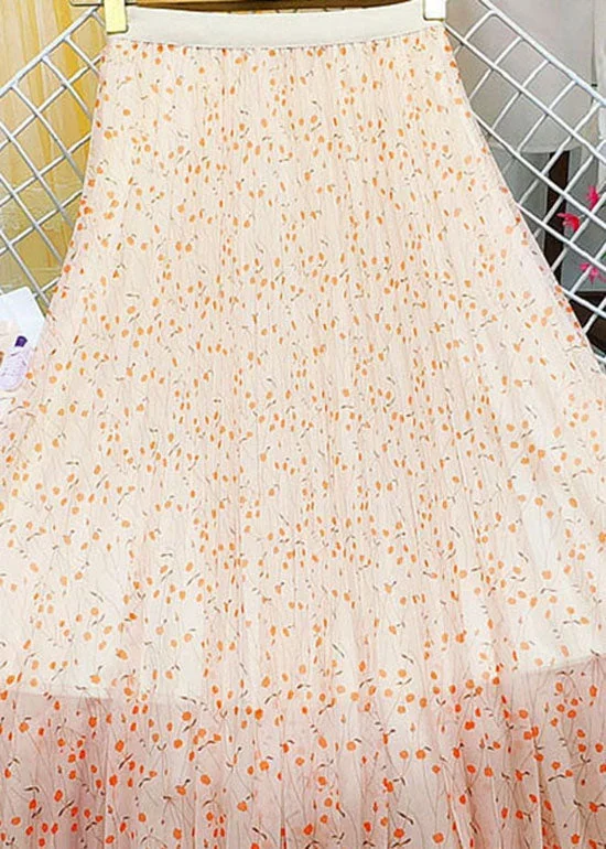 french-orange-elastic-waist-print-tulle-pleated-skirt-summer