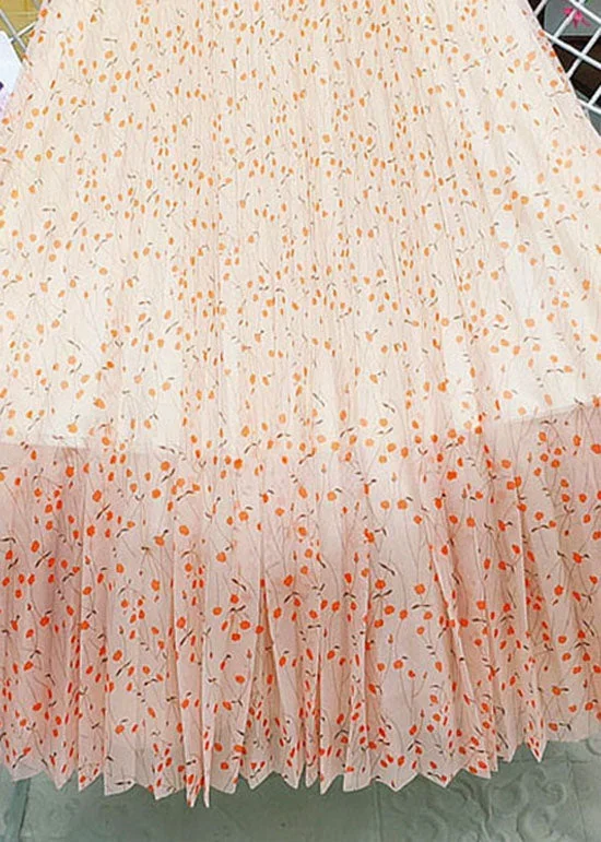 french-orange-elastic-waist-print-tulle-pleated-skirt-summer