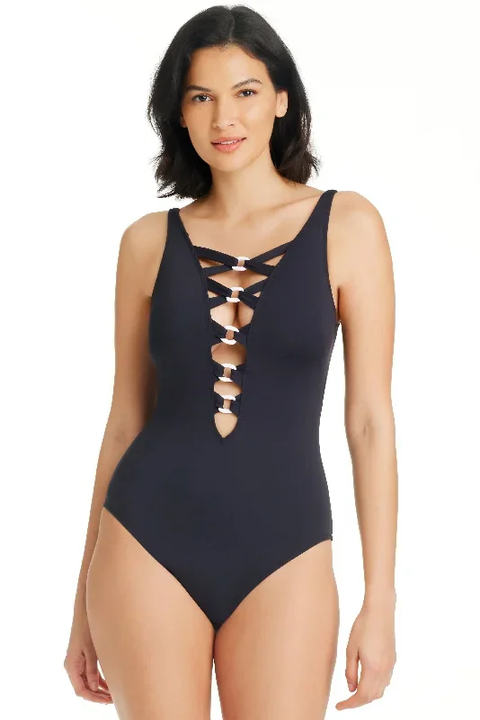 Graphic Measures One Piece Lace Down Ring Front Swimsuit