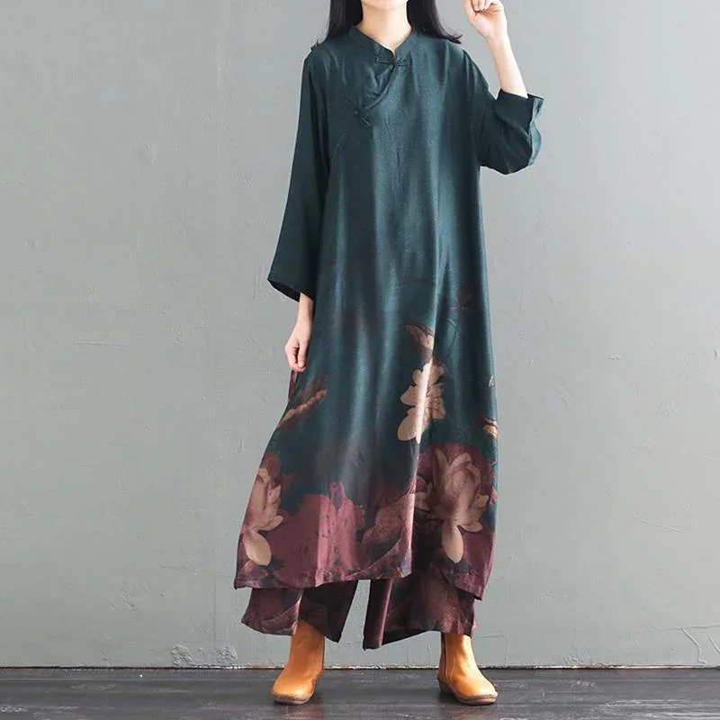 Handmade Cotton clothes Women plus size Print Stand Collar Silk Dress And Wide Leg Pants