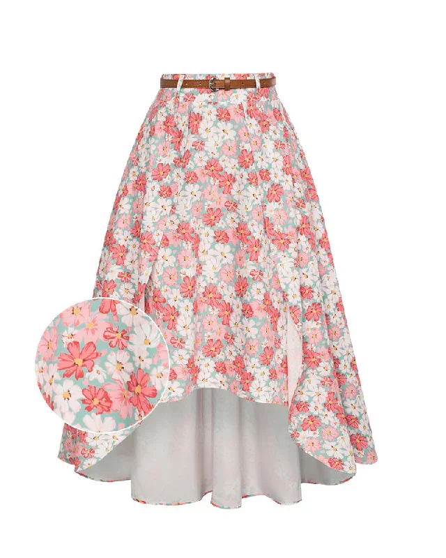 Floral Patterns High Low A Line Skirts Vintage High Waisted Midi Flowy Skirts with Belt