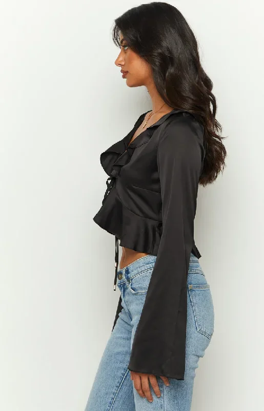 kazan-black-satin-long-sleeve-frill-top