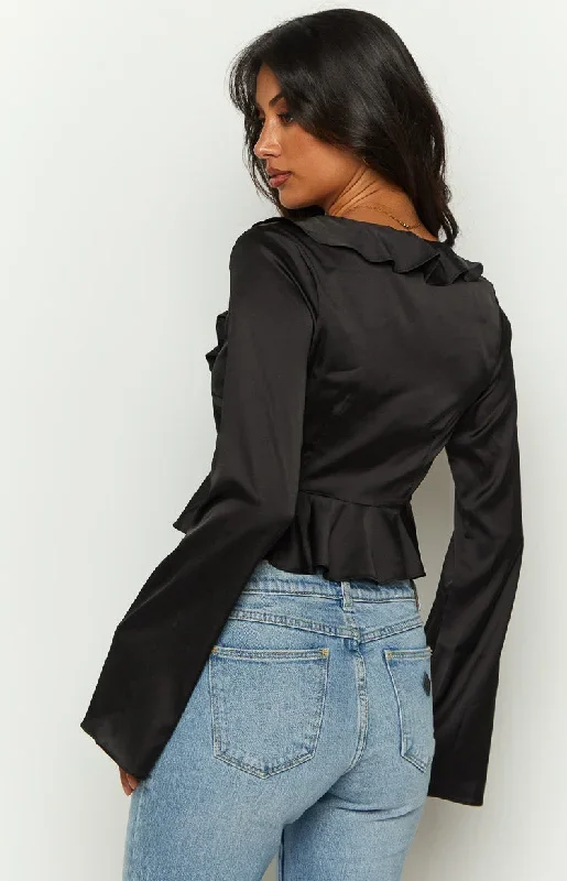 kazan-black-satin-long-sleeve-frill-top