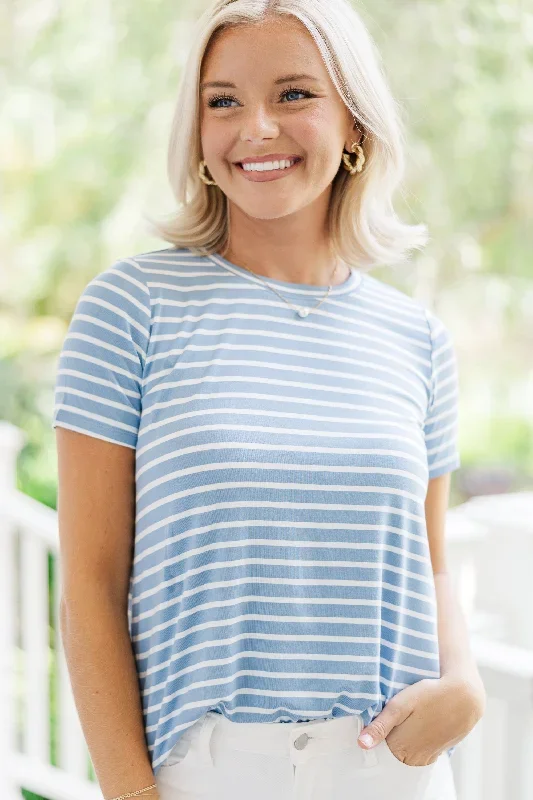 Let's Meet Later Light Blue and Ivory Striped Top