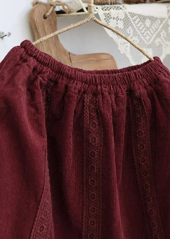 loose-red-elastic-waist-lace-patchwork-corduroy-skirt-spring