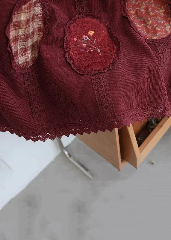 loose-red-elastic-waist-lace-patchwork-corduroy-skirt-spring