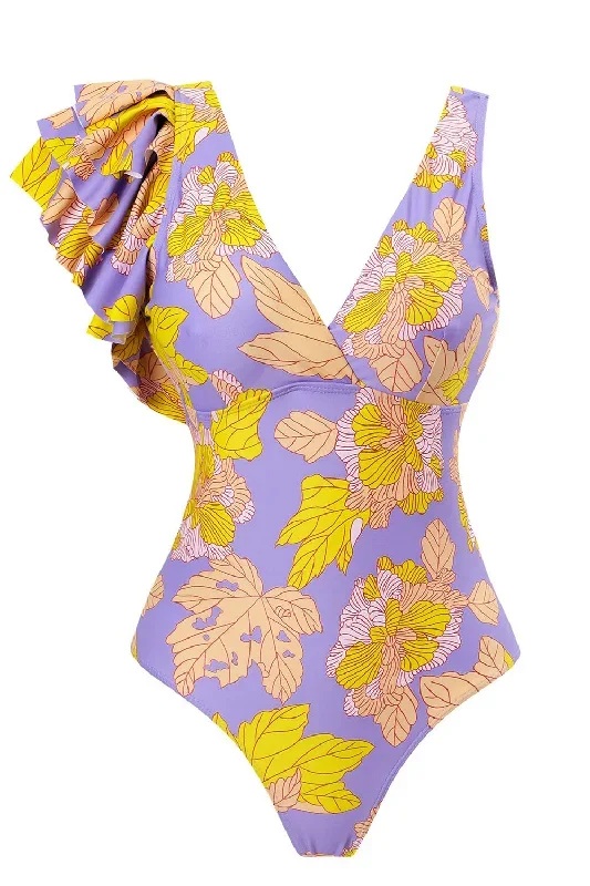 Maillot de bain violet une pièce taille haute imprimé de fleurs