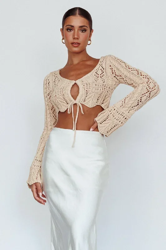 Maycie Long Sleeve Crochet Crop Top Beige