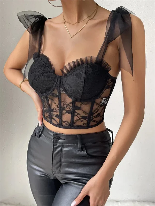 FashionSierra - 2024 Mesh See Through Tie-up Strap Camis Ruffles Push Up V-neck Black Mini Vests