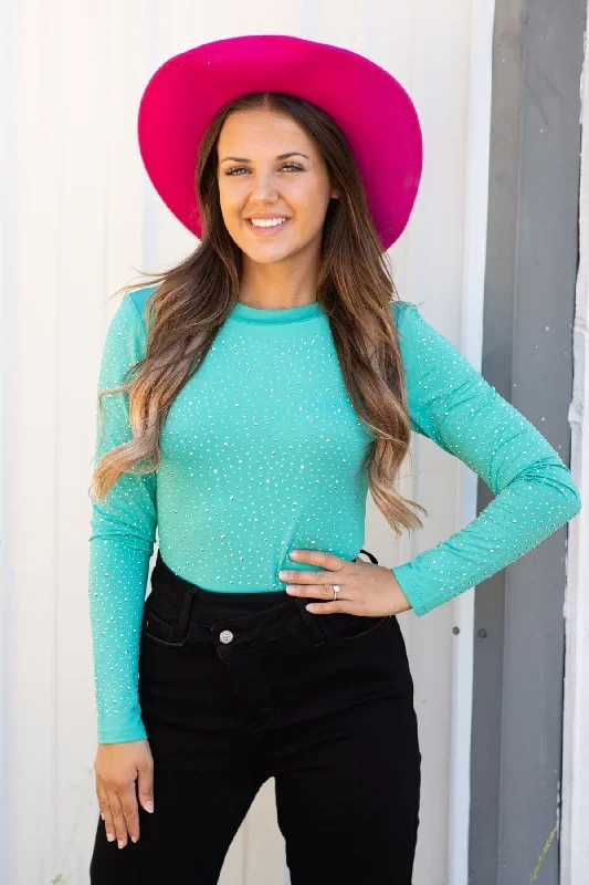 Mint Long Sleeve Bodysuit With Rhinestones