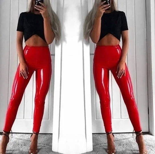 Mirror High Gloss PU Leather High Waist Leggings Women's Pants