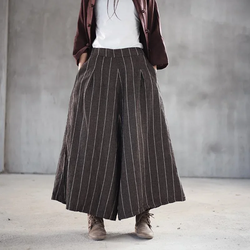 new khaki striped women linen casual pants baggy big hem wide leg pants